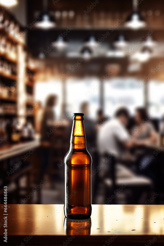 close up of a bottle of beer with blurred Bartender and bar in the back with empty copy space
close up of a bottle of beer with blurred Bartender and bar in the back with empty copy space