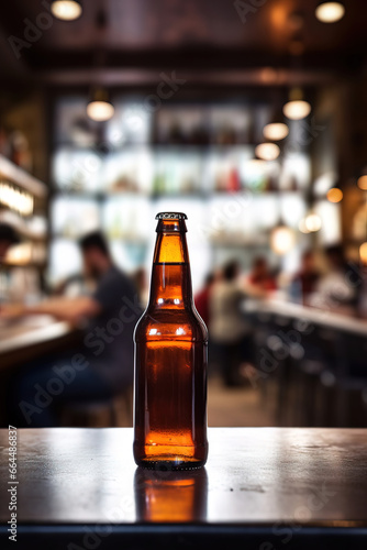 close up of a bottle of beer with blurred Bartender and bar in the back with empty copy space 