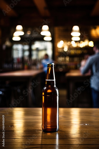 close up of a bottle of beer with blurred Bartender and bar in the back with empty copy space 