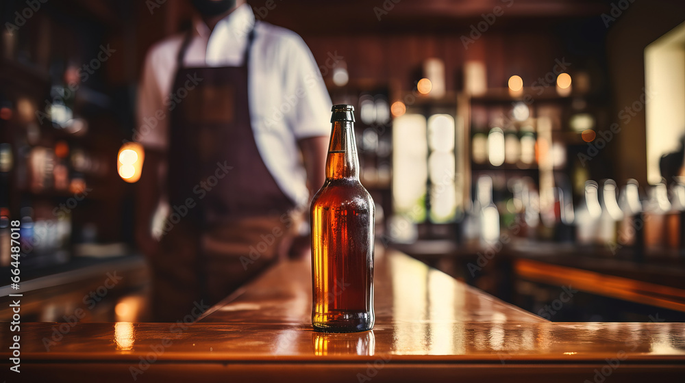close up of a bottle of beer with blurred Bartender and bar in the back with empty copy space
close up of a bottle of beer with blurred Bartender and bar in the back with empty copy space