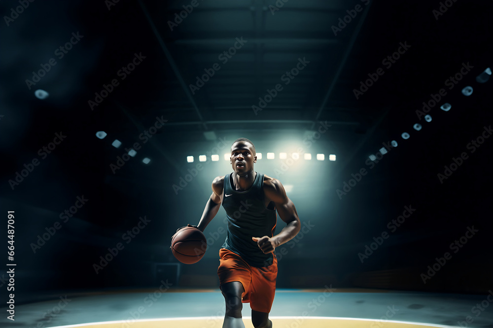 Fototapeta premium Basketball player demonstrates incredible power and skill, the court ablaze with stunning smoke and lighting effects, showcasing the player's prowess. Generative AI.