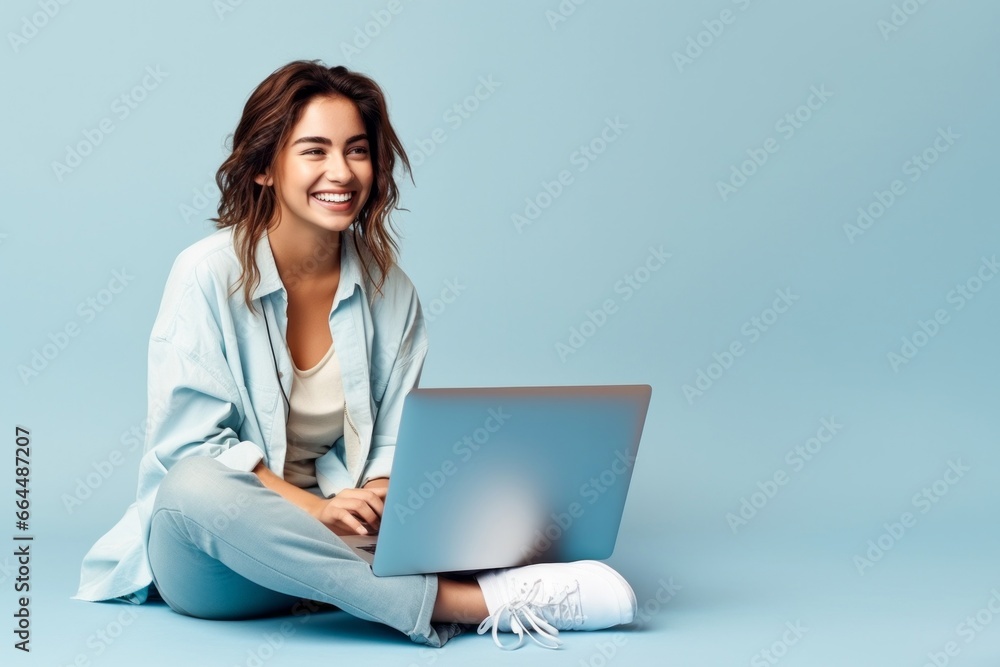 Happy young woman sitting on the floor with crossed legs and using laptop on blue background Happy young woman sitting on the floor with crossed legs and using laptop on blue background