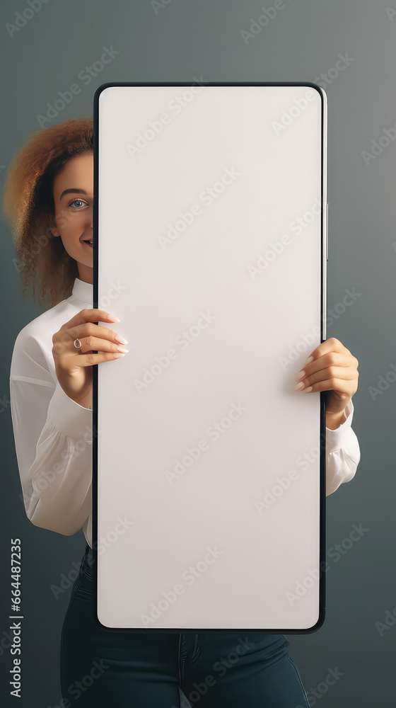 Beautiful woman standing next to a huge phone screen. Smartphone screen mockup, banner template with flat background and copy space. Beautiful woman standing next to a huge phone screen. Smartphone screen mockup, banner template with flat background and copy space.
