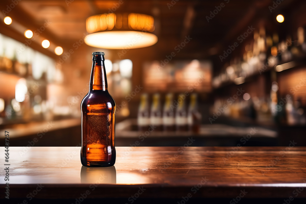 close up of a bottle of beer with blurred Bartender and bar in the back with empty copy space
close up of a bottle of beer with blurred Bartender and bar in the back with empty copy space