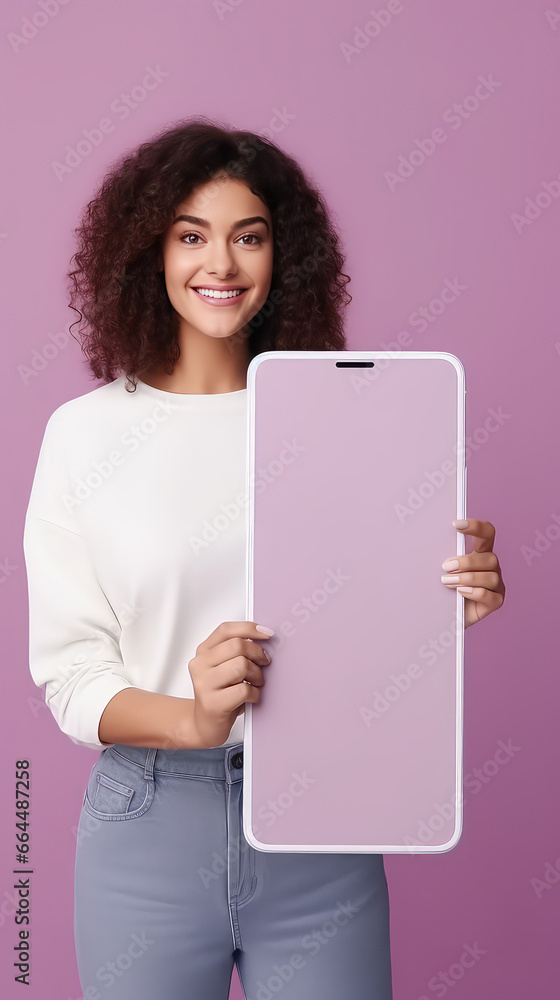 Obraz premium Beautiful woman standing next to a huge phone screen. Smartphone screen mockup, banner template with flat background and copy space. 