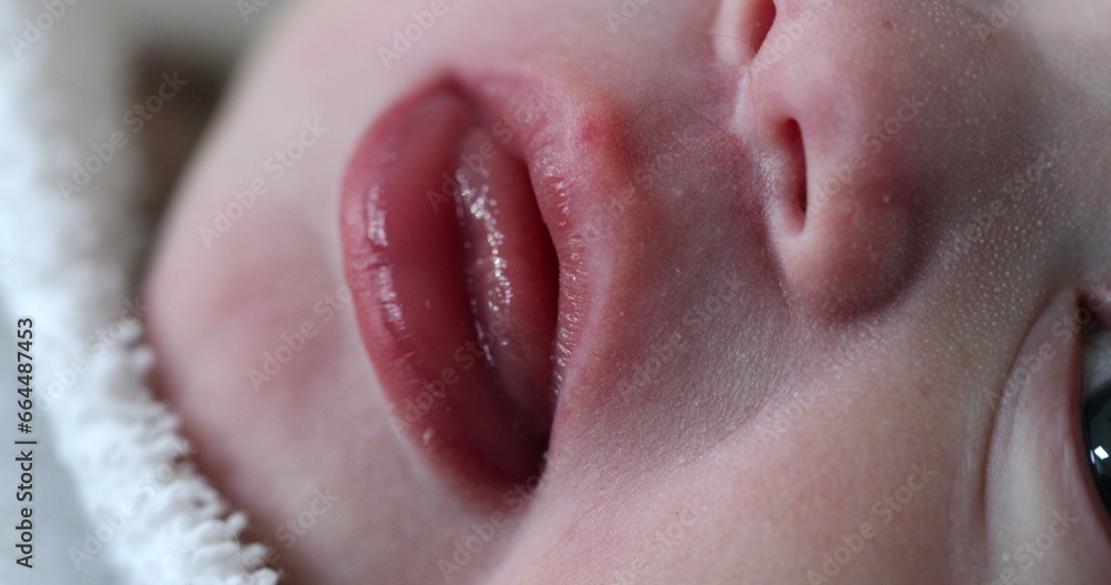 Close-up of newborn face, details of mouth, nose, and yes of infant macro