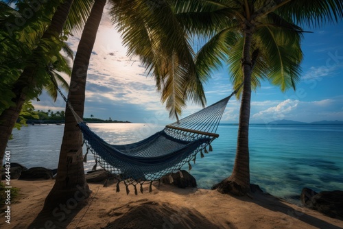 Tropical island paradise with hammock between palm trees.