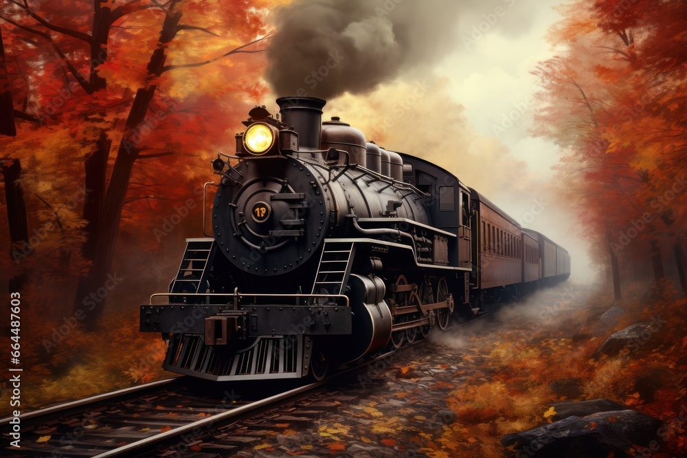 Vintage train steaming through an autumn forest with falling leaves.