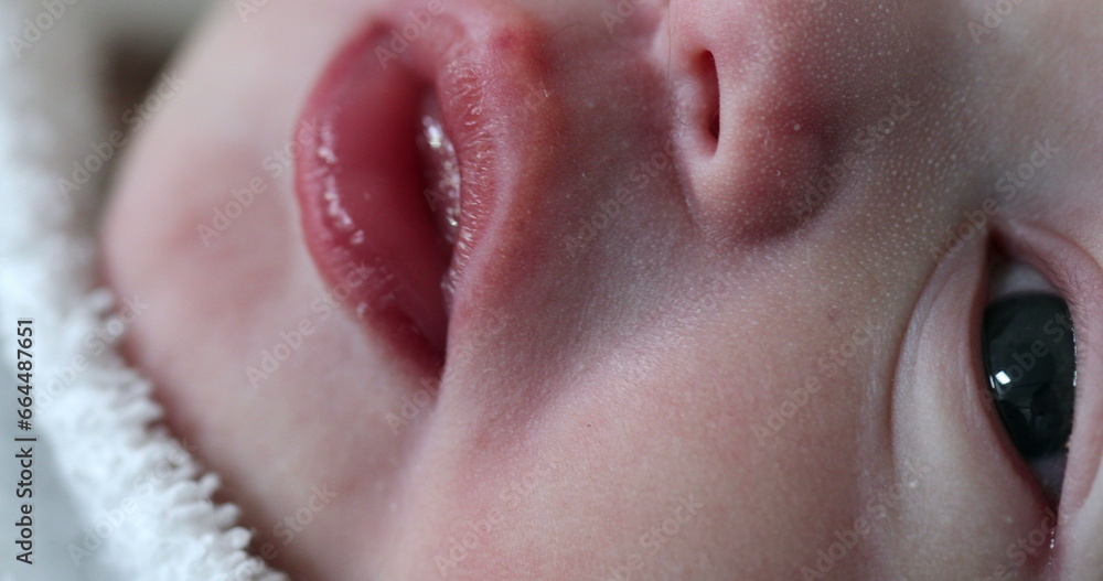 Close-up of newborn face, details of mouth, nose, and yes of infant macro