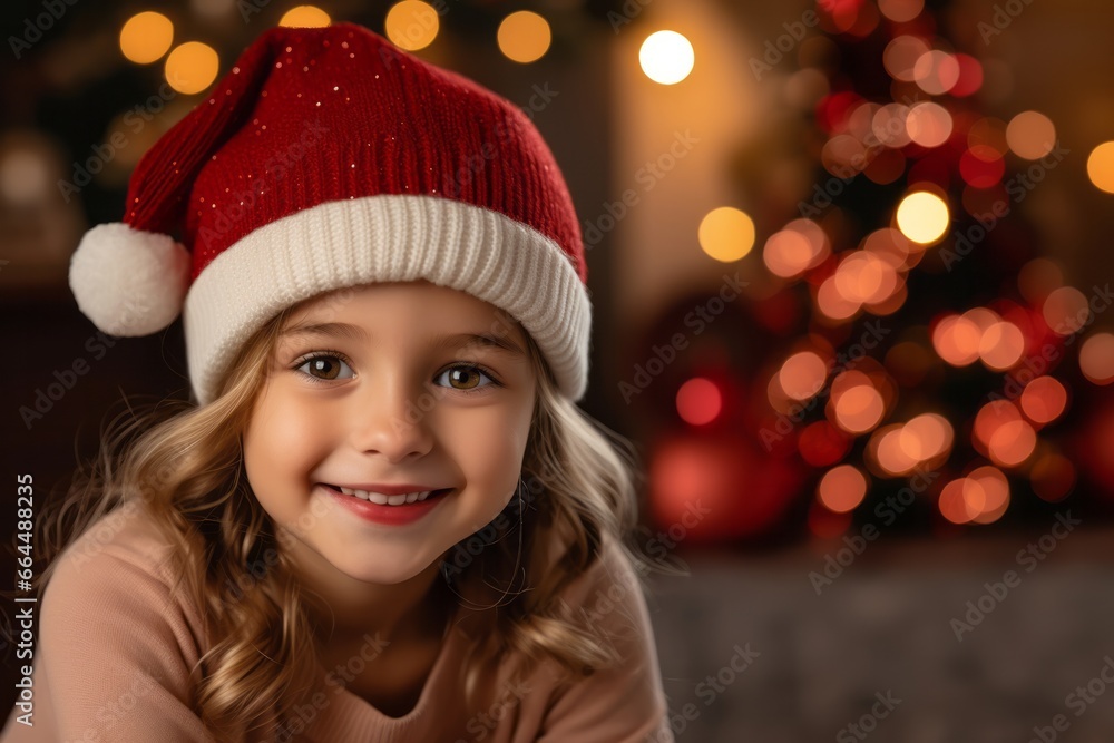 Little girl child wearing Santa hat in Christmas time posing on floor at decorated New Year home with festive tree. Cute kid in Christmas time Little girl child wearing Santa hat in Christmas time posing on floor at decorated New Year home with festive tree. Cute kid in Christmas time