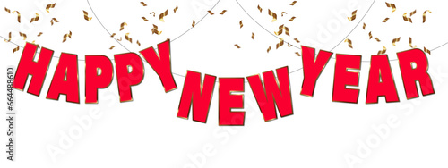 garland with red letters Happy New Year and golden tinsel