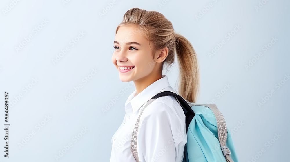 Pretty happy girl in school uniform portrait, ready for school, banner template with copy space for text. Pretty happy girl in school uniform portrait, ready for school, banner template with copy space for text.
