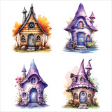Fantasy Sorcerer's Hut watercolor illustration, Halloween decorative elements, Vector Illustration