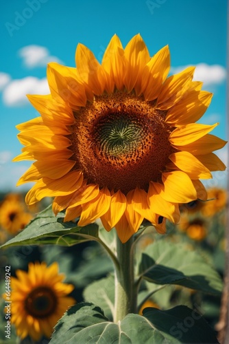 Sunflower field with blue sky background. Sunflower blooming in summer.