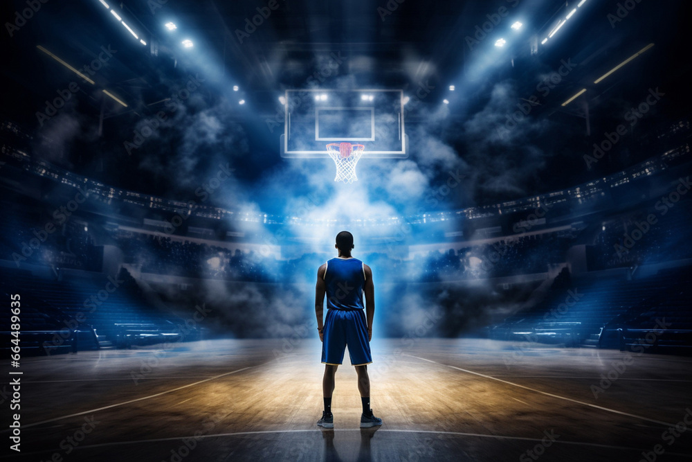 Wide-angle perspective of a basketball player positioned with their back to the basketball hoop, amidst impressive lighting and smoke effects on the court. Generative AI.