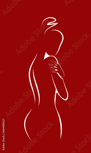 Beautiful woman body logo. Young female silhouette. Elegant, feminine lines. Beauty icon isolated on dark  red background. Wavy hairstyle attractive model. Glamour style nude figure.