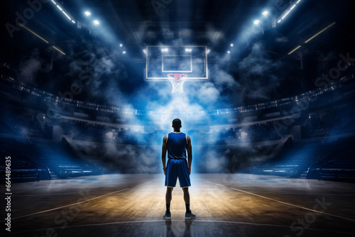 Wide-angle perspective of a basketball player positioned with their back to the basketball hoop, amidst impressive lighting and smoke effects on the court. Generative AI.