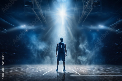 Wide-angle perspective of a basketball player positioned with their back to the basketball hoop, amidst impressive lighting and smoke effects on the court. Generative AI. © Surachetsh