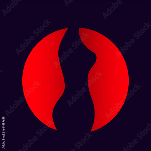 Beautiful woman body logo. Young female silhouette. Elegant, feminine lines. Beauty icon circle emblem isolated on dark background. Attractive model shape. Glamour style nude figure.