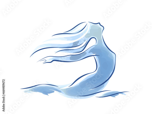 Beautiful woman swimming body logo. Young female silhouette. Elegant, feminine lines. Beauty icon isolated on light fund. Long wavy hairstyle attractive model in ocean. Sea mermaid style nude figure.