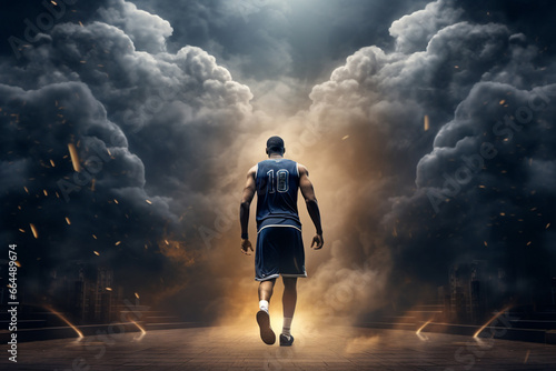 Wide-angle perspective of a basketball player positioned with their back to the basketball hoop, amidst impressive lighting and smoke effects on the court. Generative AI. photo