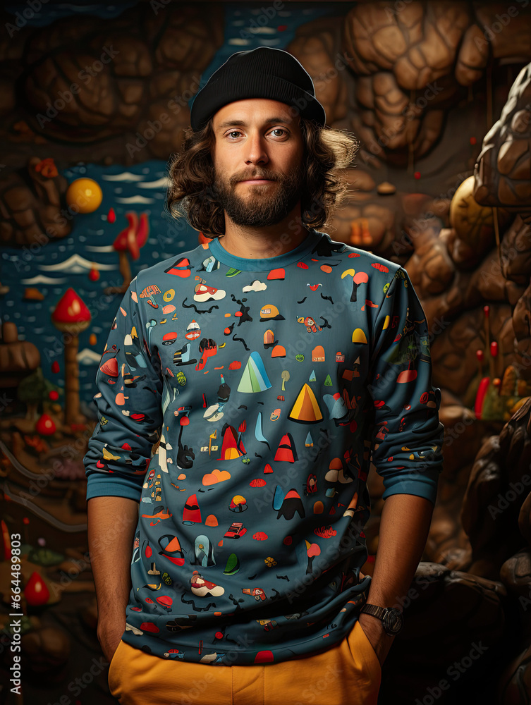 Obraz premium A man is wearing a retro themed comfortable sweatshirt