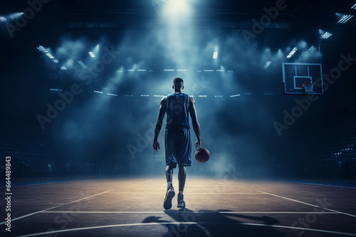 Wide-angle perspective of a basketball player positioned with their back to the basketball hoop, amidst impressive lighting and smoke effects on the court. Generative AI.