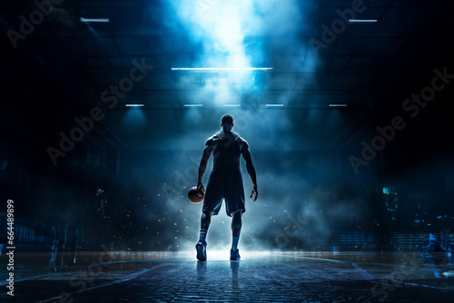Wide-angle perspective of a basketball player positioned with their back to the basketball hoop, amidst impressive lighting and smoke effects on the court. Generative AI. © Surachetsh