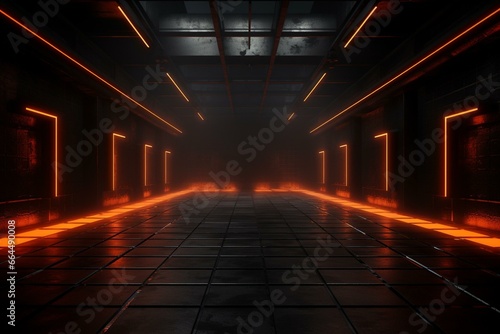 Dark underground warehouse with neon orange laser glow on tiled floor. Generative AI