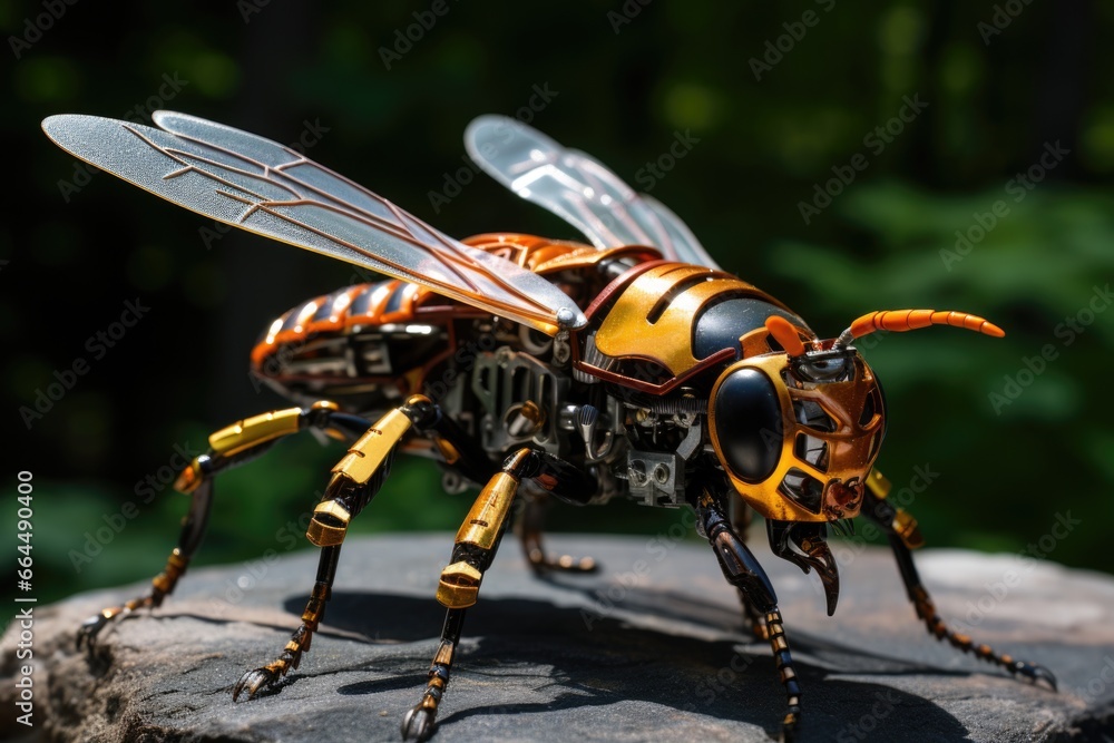 Micro robot in shape of a wasp, shiny nanodroid with yellow black details Micro robot in shape of a wasp, shiny nanodroid with yellow black details