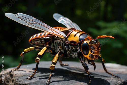 Micro robot in shape of a wasp, shiny nanodroid with yellow black details © evannovostro
