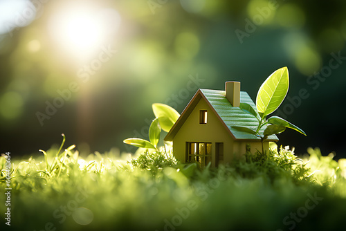 The image portrays a conceptual representation of a green home and environmentally friendly construction. It includes a house icon placed on a lush green lawn, with the sun shining overhead