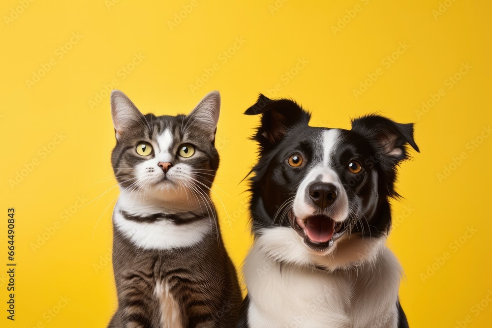 Cat and dog together with happy expressions on yellow background. Cat and dog together with happy expressions on yellow background.