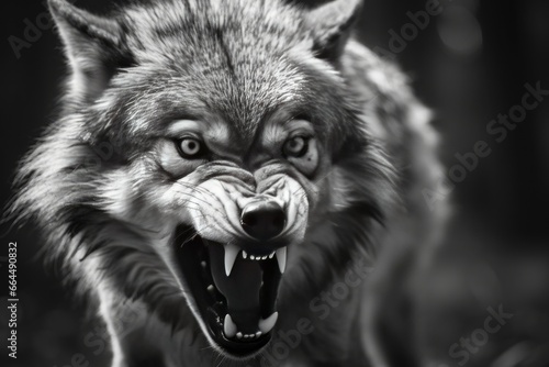 Greyscale closeup shot of an angry wolf with a blurred background.
