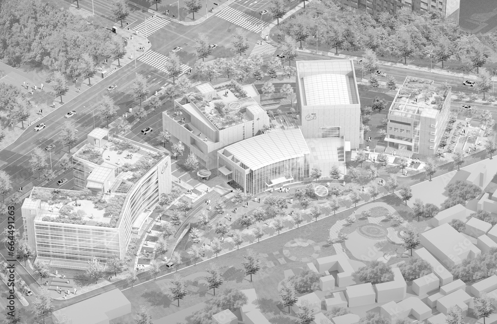 view of the city, 3d rendering of a complex building for animation industry view of the city, 3d rendering of a complex building for animation industry