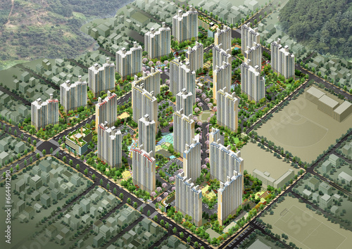 Canvas Print view of a village, 3d rendering of a modern apartment layout design for master plan