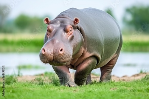 Hippopotamus Walking in a green field. © MDBaki