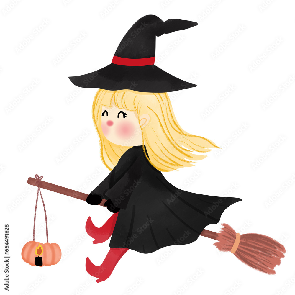 Cartoon little witch with long yellow hair, wearing black clothes, riding a broom. for halloween Cartoon little witch with long yellow hair, wearing black clothes, riding a broom. for halloween
