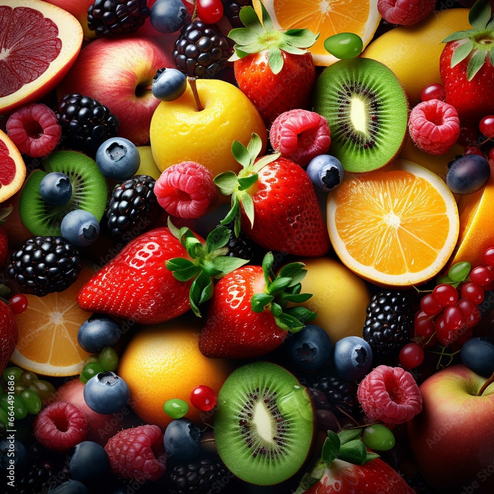 Mix of fresh berries and fruits. Healthy food background. Close up.