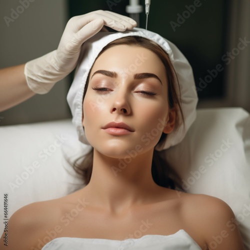 Beautiful young woman getting botox injection in her face. Cosmetology.