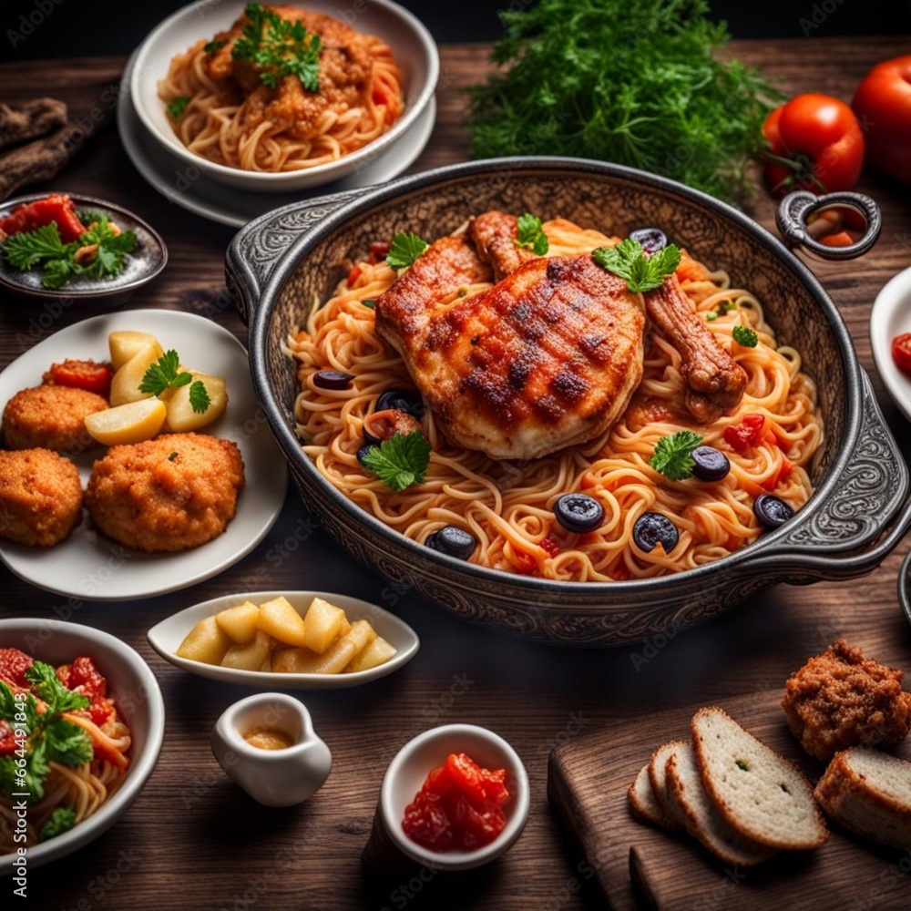 A close-up of a plate of spaghetti with chicken, olives, and tomato sauce: his mouth-watering close-up of a plate of spaghetti with chicken, olives, and tomato sauce is sure to make you hungry. 