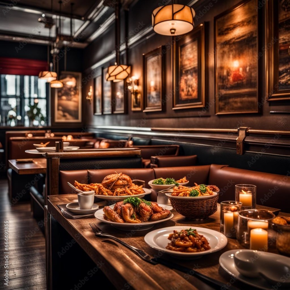 A table filled with plates of food and candles in a restaurant: This image shows a beautifully set table in a restaurant, filled with plates of food and candles.