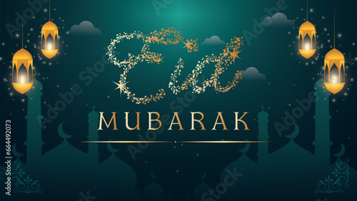 A blue and white background with balloons and the words eid mubarak