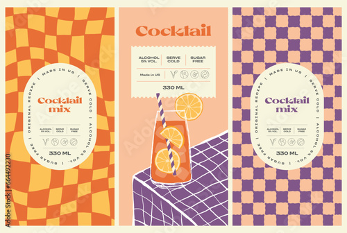 Vector hand drawn cocktail packaging label design template set for cafe or restaurant. Vector beverage package badges set