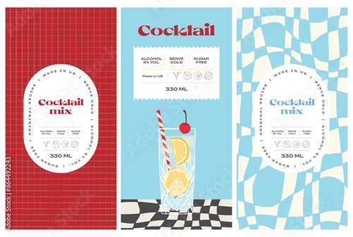 Vector hand drawn cocktail packaging label design template set for cafe or restaurant. Vector beverage package badges set