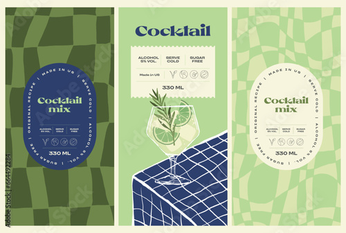Vector hand drawn cocktail packaging label design template set for cafe or restaurant. Vector beverage package badges set