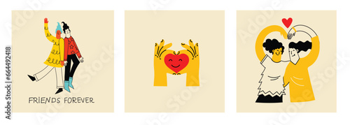 Best friends concept illustration. Vector illustration of multicultural girls and multicultural friendship. Happy friendship day. Teenage girl friends hugging and having fun.
