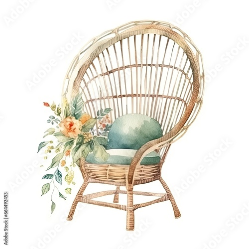 woven straw garden chair on white background Watercolor illustration