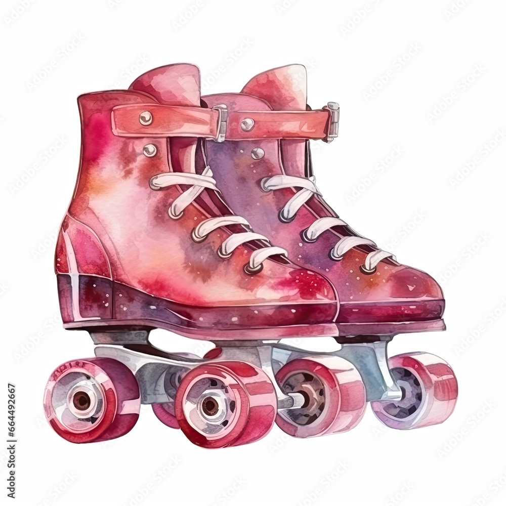retro pink roller Skates on white background, Watercolor art illustration