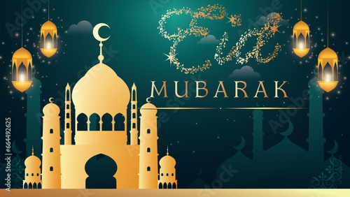 A blue and white background with balloons and the words eid mubarak